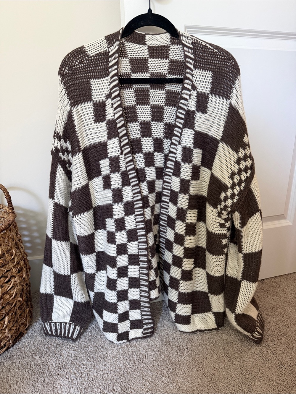 SHEIN Checker Knit Sweater Cardigan - Brown & Cream